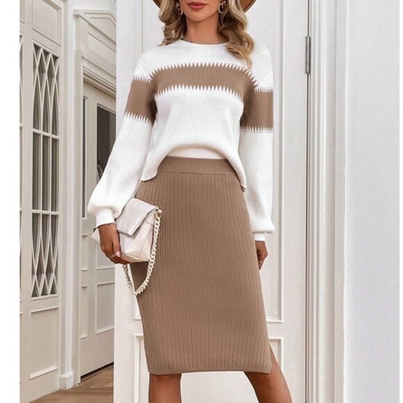Classic Color Block Knit Sweater Midi Skirt Set - Picture 1 of 7